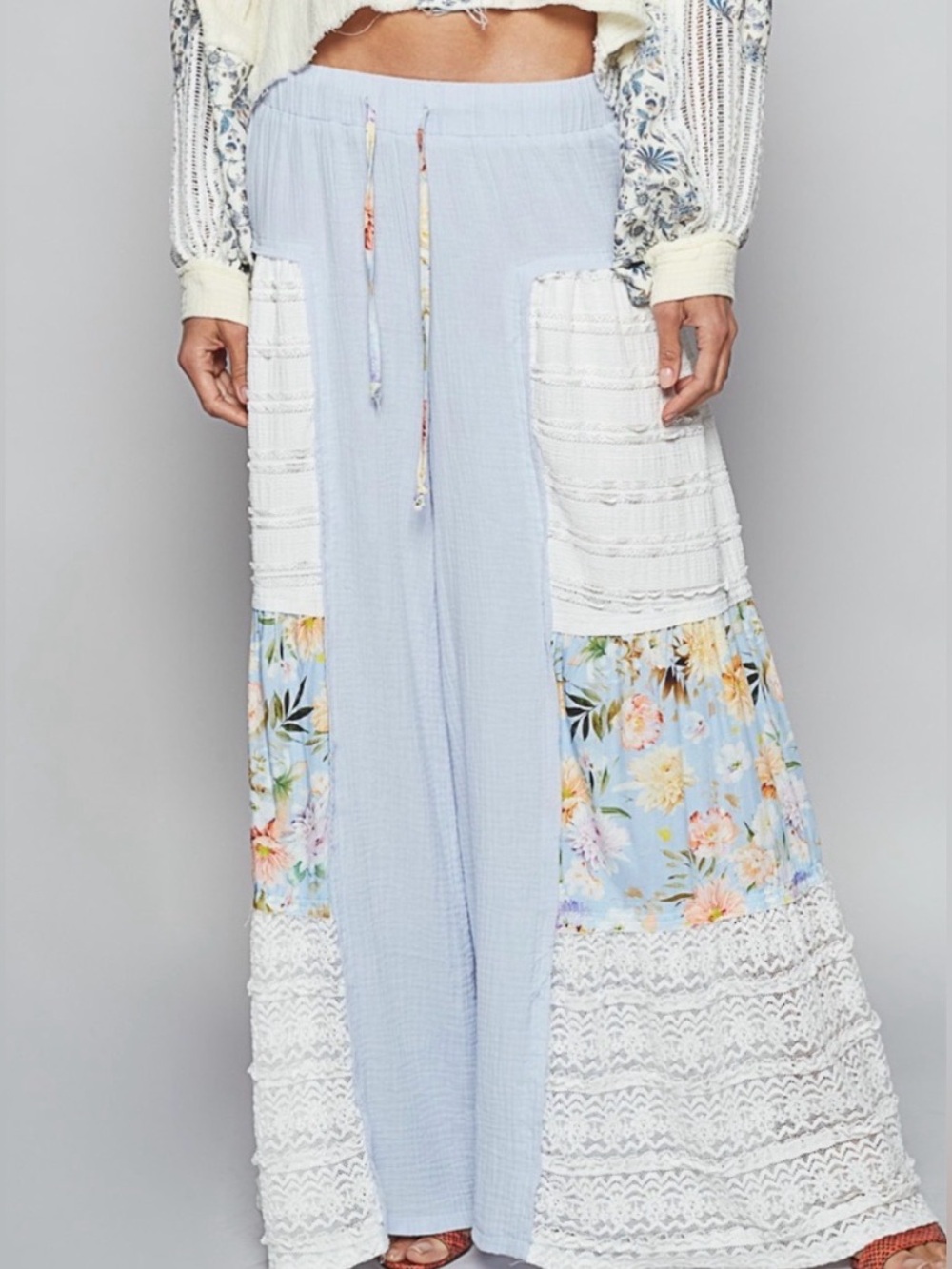 Boho Floral Pants - Light Blue